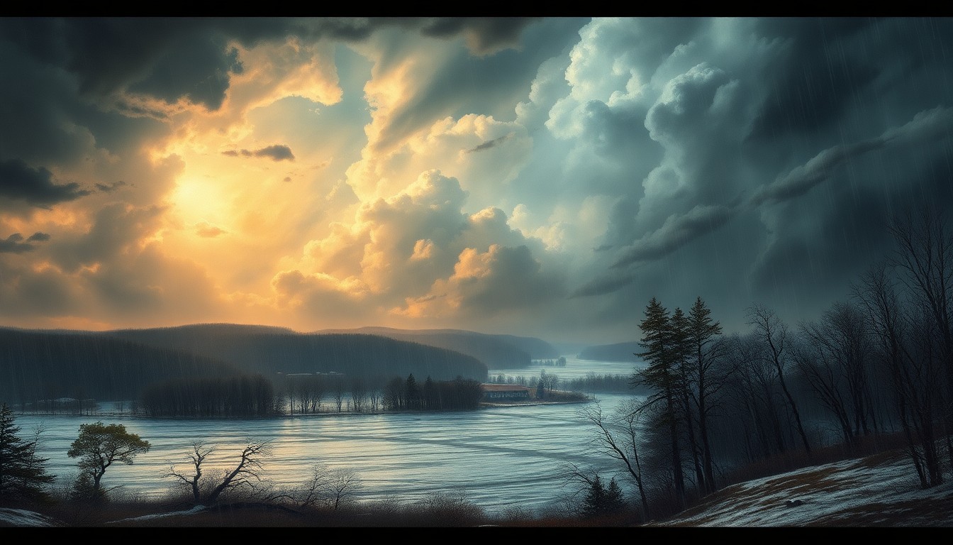 A dramatic landscape painting in the style of Caspar David Friedrich, featuring a sweeping, atmospheric scene of a violent thunderstorm raging over a Midwestern city, with damaged buildings and fallen trees dwarfed by the overwhelming power of the natural forces.