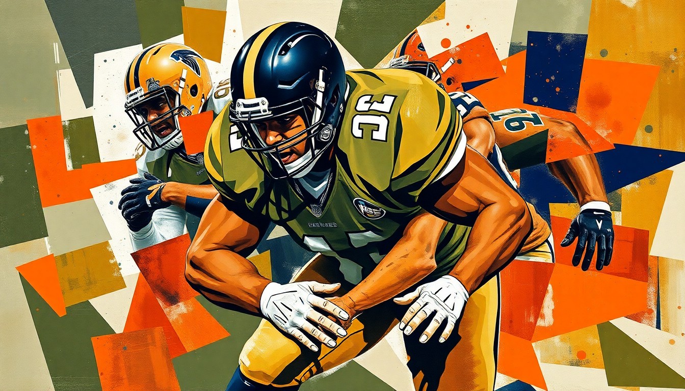 A fractured, geometric painting depicting the explosive movements and collisions of a defensive lineman, with sharp planes of olive green, burnt orange, and deep navy blue.