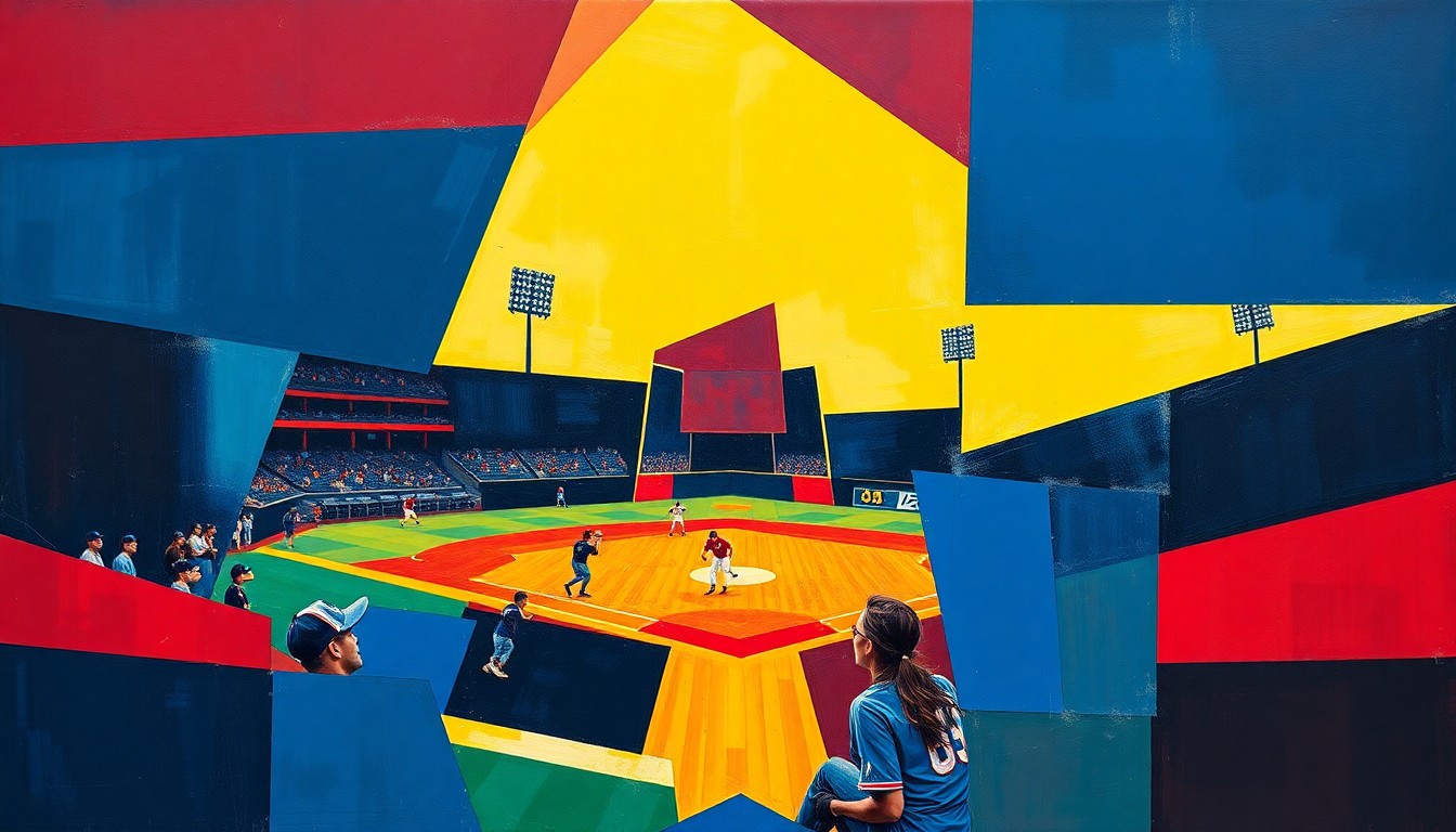 A fragmented, geometric painting depicting a baseball training session, with overlapping planes of color and form representing the various movements and perspectives of the players and coaches.
