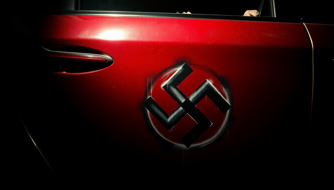An extreme close-up photograph of a damaged car door with a spray-painted swastika symbol, conveying the stark, gritty, and investigative nature of the crime.