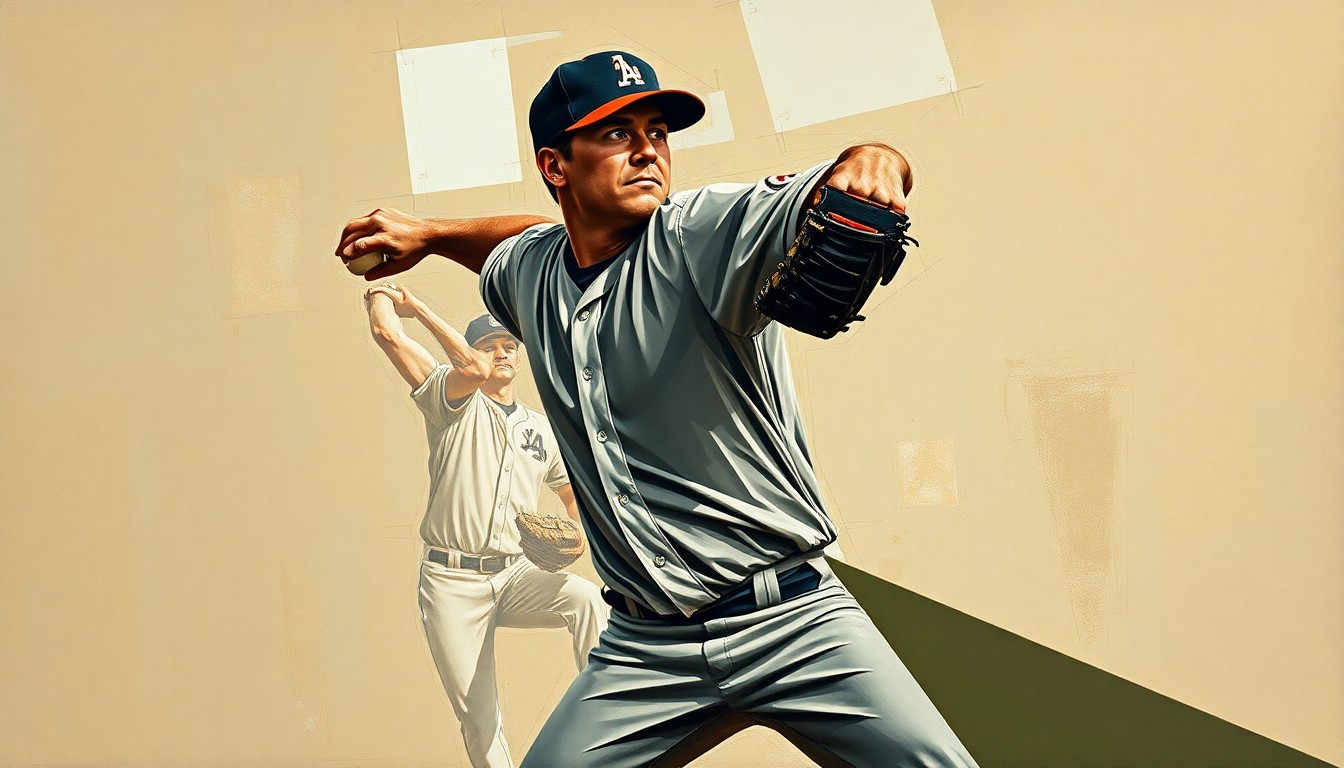 A fractured, cubist-style painting depicting the windup and delivery of a baseball pitcher, broken down into sharp, overlapping geometric shapes in muted earth tones, conveying the anticipation and uncertainty surrounding the Yankees' injured stars.