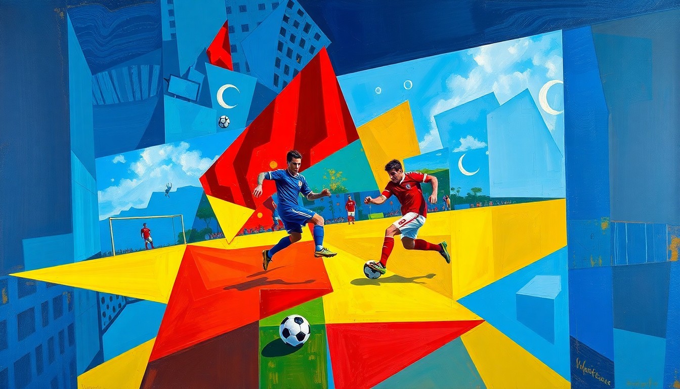 A cubist, geometric painting depicting a fragmented soccer match or competition, with sharp planes of color and overlapping shapes that obscure any recognizable figures or details.