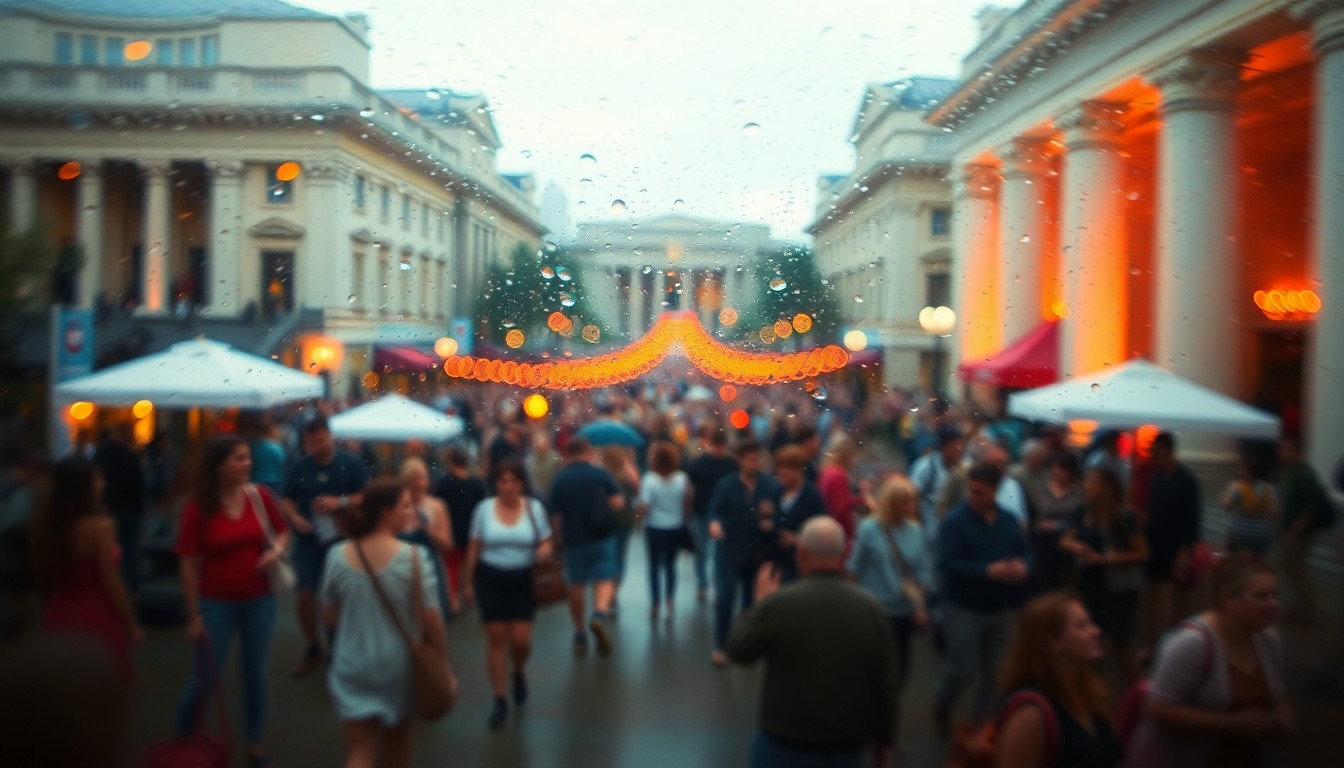 An abstract, impressionistic photograph composed of blurred, colorful shapes and silhouettes representing the lively atmosphere and diverse activities of the Museum Mile Festival.