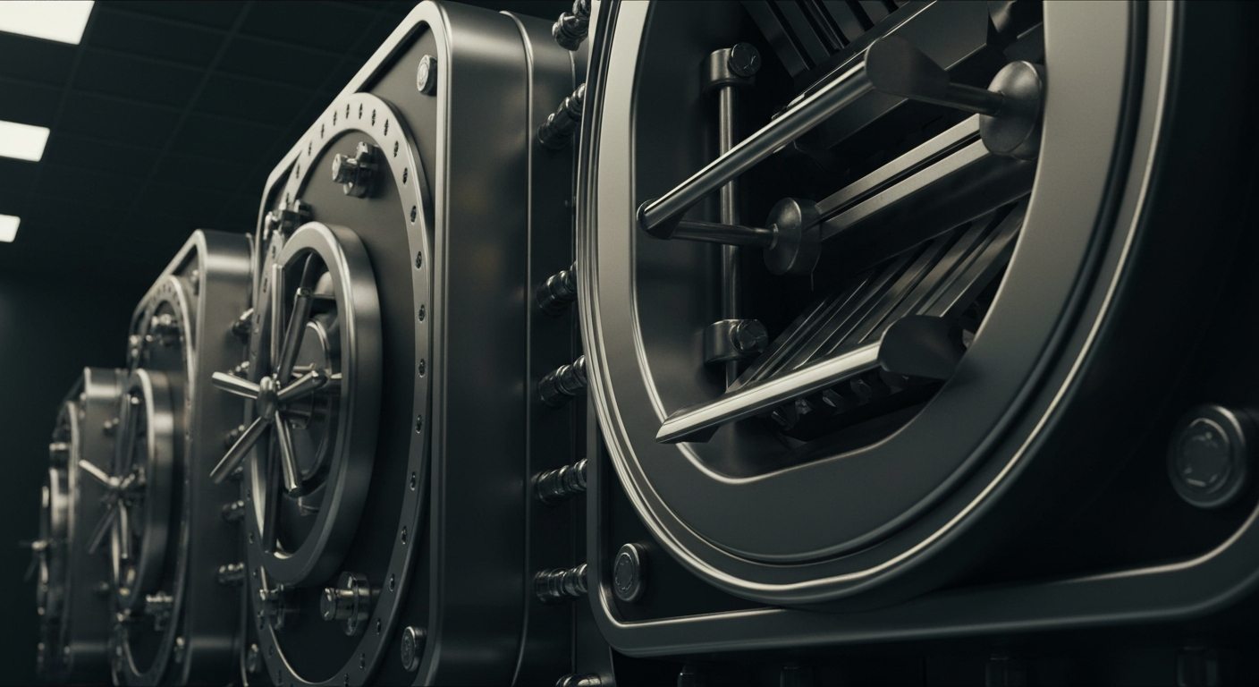 An extreme close-up of gleaming, intricate banking machinery and equipment, representing the financial security and infrastructure that underpins the global economy.
