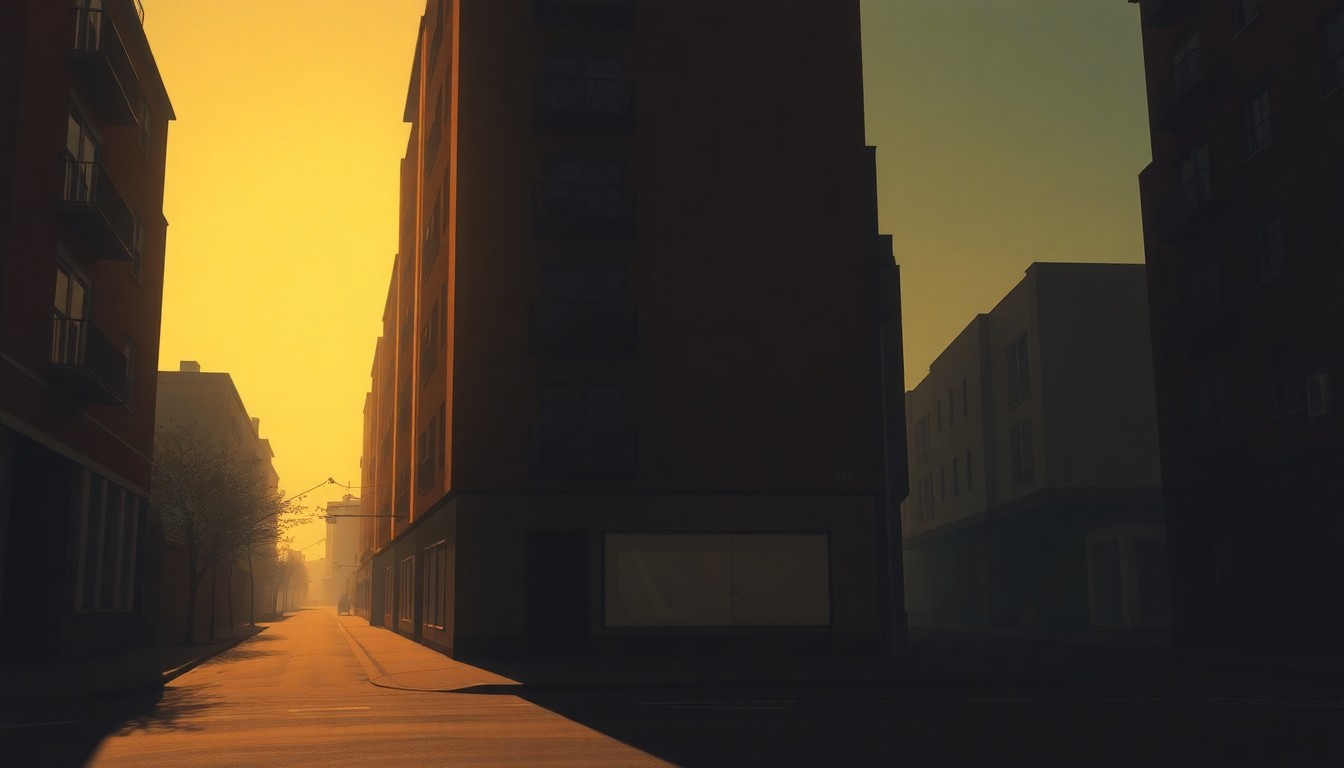 A quiet, cinematic painting of a solitary apartment building in a city street, bathed in warm, diagonal sunlight and deep shadows, conceptually representing the debate over rent control policies.