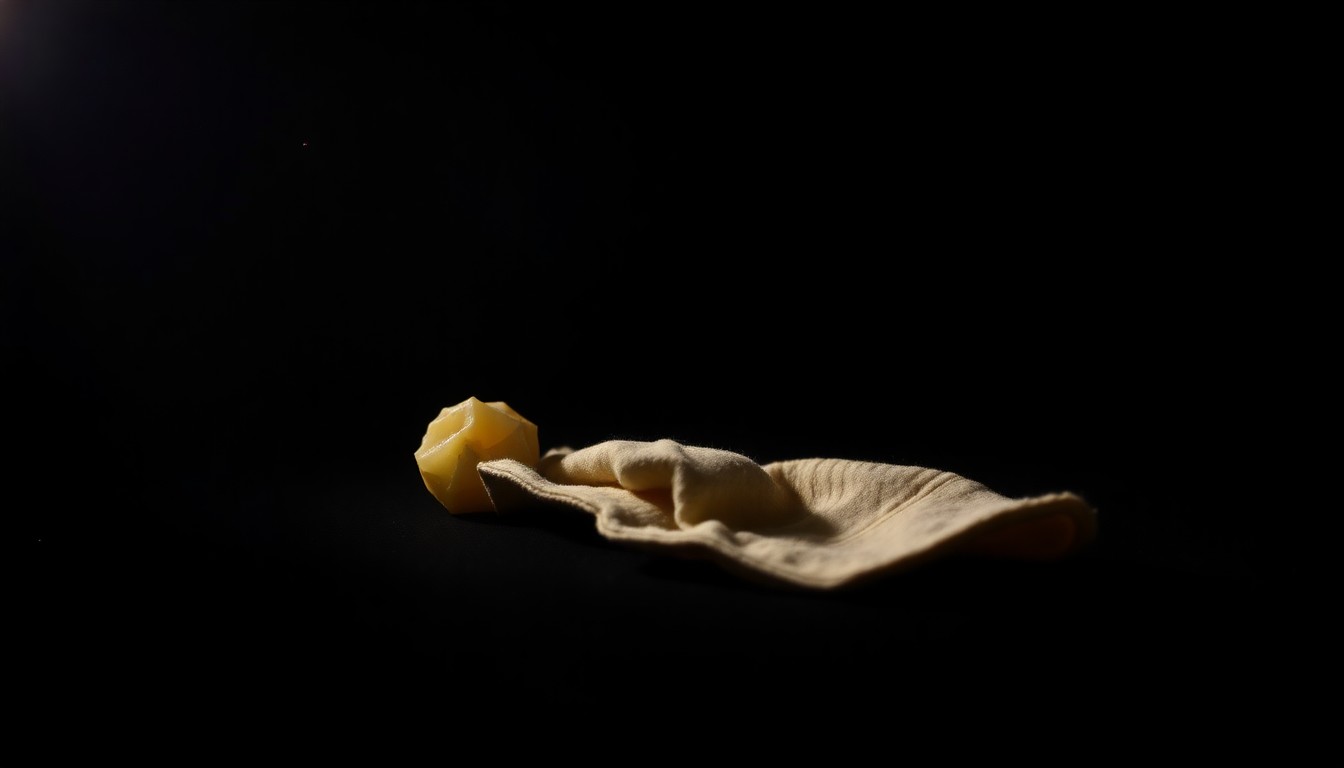 An extreme close-up photograph of an unidentifiable object related to the crime scene, such as a piece of clothing or personal item, lit by a harsh, direct camera flash against a pitch-black background, conceptually representing the somber investigation into the discovery of a body in Lake Agnes.