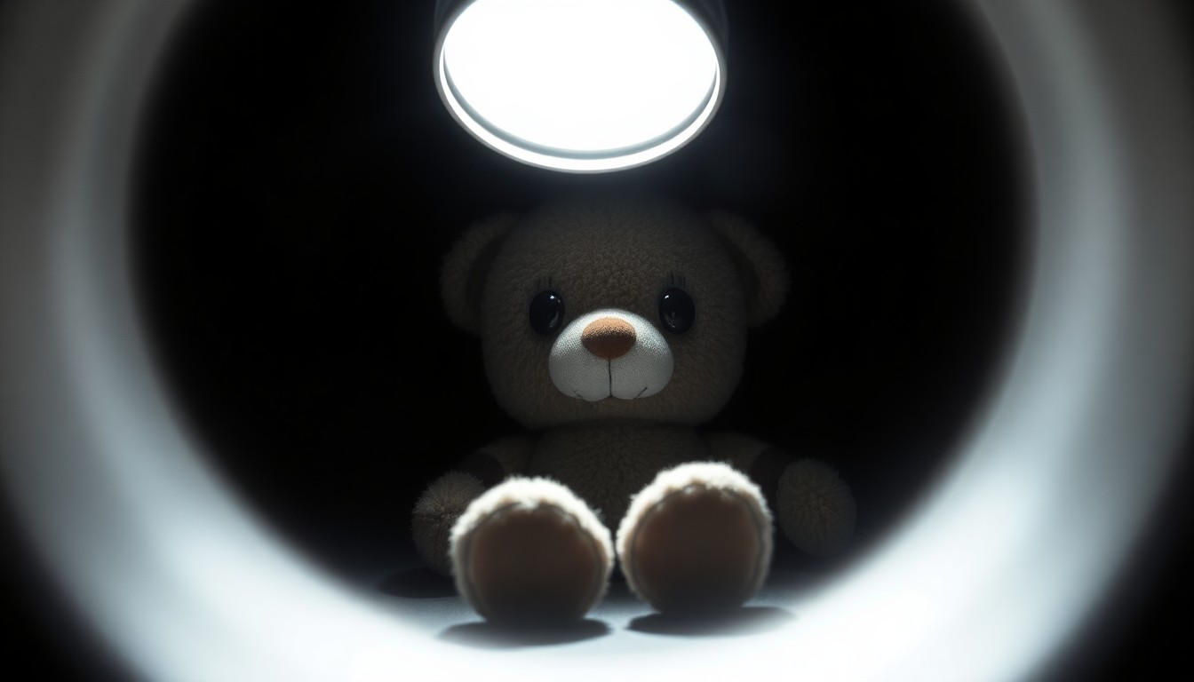An extreme close-up photograph of a child's stuffed animal toy, lit by a harsh, direct camera flash against a pitch-black background, creating a stark, gritty, and investigative aesthetic without depicting any violence or victims.