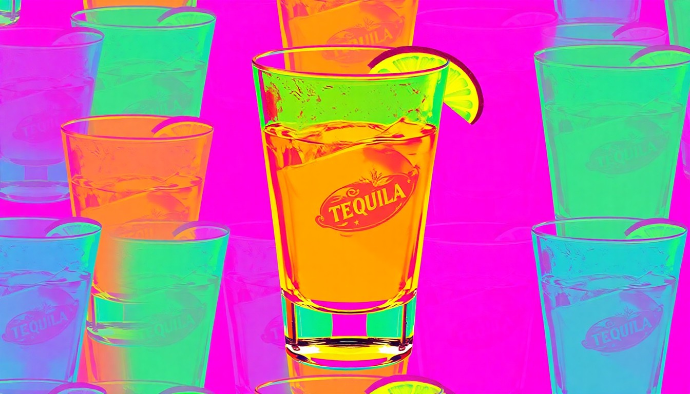 A stylized, repeating pattern of a single cocktail glass filled with tequila, rendered in a bold, high-contrast pop art style with vibrant neon colors and heavy black outlines, conceptually representing the excessive alcohol served to a cruise passenger.
