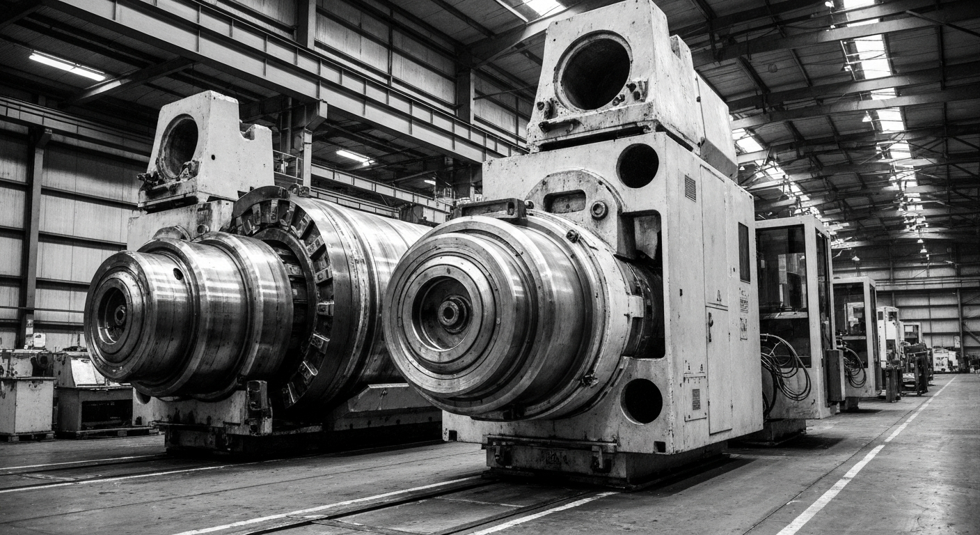 An extreme, cinematic close-up of heavy, tangible Intel semiconductor manufacturing equipment and components, dramatically lit against a dark background, representing the company's industrial might and technological capabilities.
