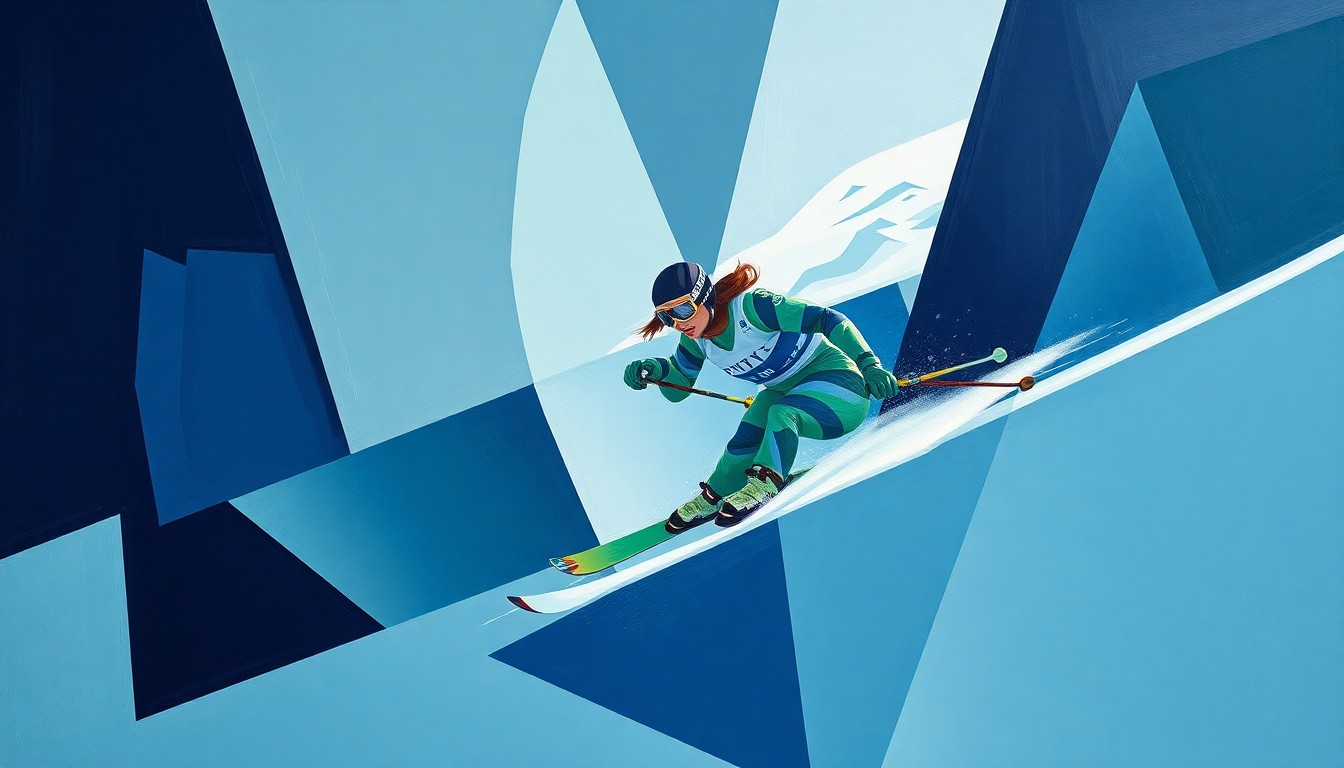 A cubist-style painting featuring overlapping geometric shapes and planes in shades of blue, green, and gray, conceptually representing the multifaceted nature of Eileen Gu's athletic career and personal choices.