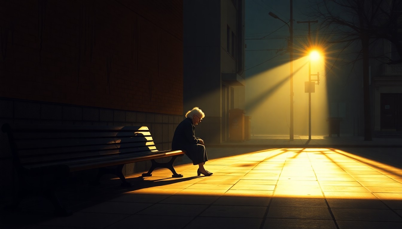 A cinematic painting of an elderly woman sitting alone on a bench in a dimly lit urban setting, the warm sunlight casting deep shadows across her face and surroundings, conveying a sense of loneliness and isolation.