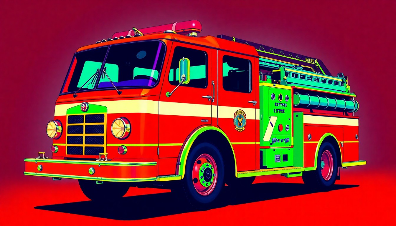 A high-contrast silkscreen print featuring a repeating grid of a vintage red fire engine in bright, neon-like colors, conceptually representing the closure of Lakehurst's long-standing volunteer fire department.