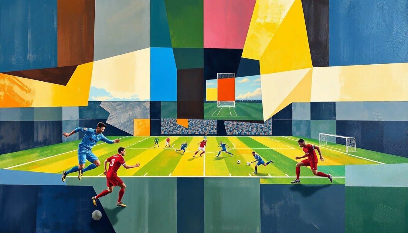 A cubist, geometric painting depicting a football game, with the players and field reduced to overlapping planes of color and sharp, angular shapes, conveying the energy and movement of the sport.