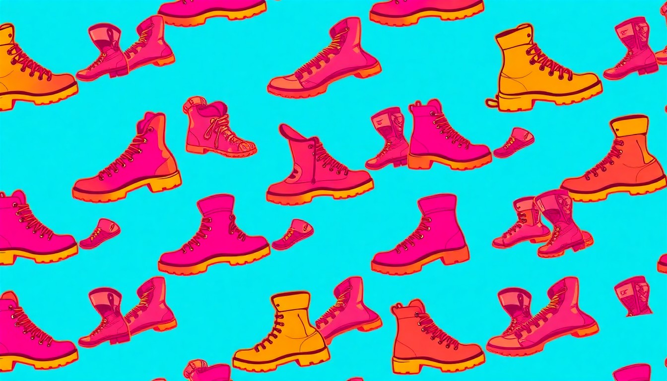 A brightly colored, high-contrast silkscreen print of a hiking boot repeated in a tight grid pattern, conceptually representing the impact of the Forest Service's reorganization on outdoor activities.