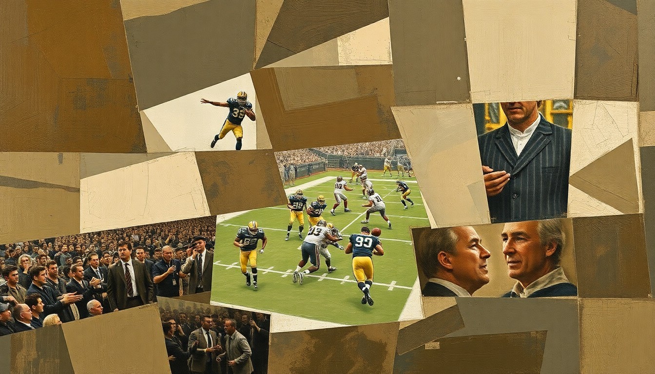 A cubist, geometric painting depicting an abstract football scene with overlapping planes of muted earth tones, conceptually representing the unpredictability of the Raiders' draft plans.