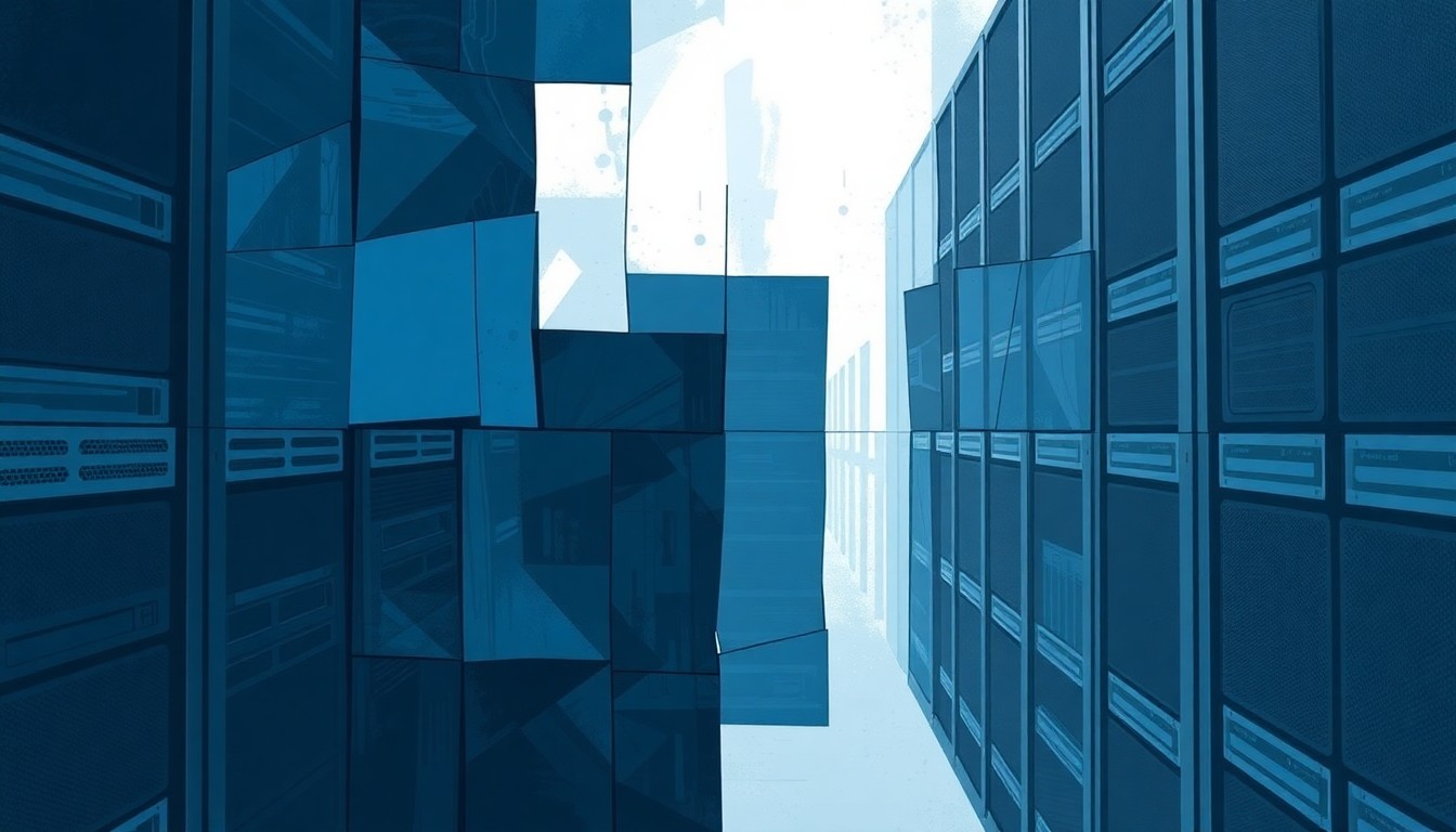 A dynamic, abstract painting of a data server rack in shades of blue and grey, with overlapping geometric forms suggesting the rapid growth and energy demands of the data center industry.