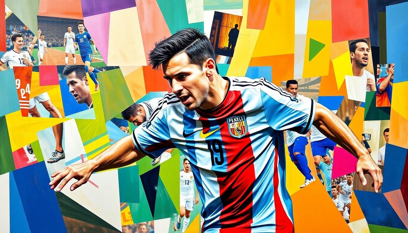 A fragmented, cubist-style painting depicting a soccer match or competition, with the vibrant colors of the Argentine national team's uniform breaking down into sharp, geometric shapes and planes, conceptually representing the legal and financial complexities surrounding a star player's contractual obligations.