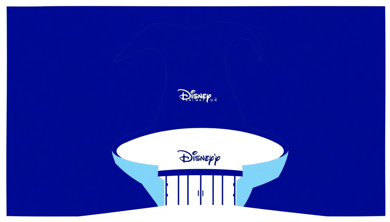 An abstract, minimalist illustration featuring bold, jagged geometric shapes in shades of blue and white, conceptually representing the iconic sorcerer's hat from 'Fantasia' and its placement at the entrance of the Magic of Disney Animation building at Disney's Hollywood Studios.
