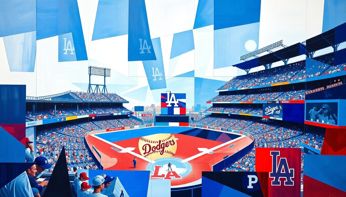 A fragmented, geometric painting in bold blues, reds, and whites, capturing the dynamic energy and multiple perspectives of a baseball game or match.