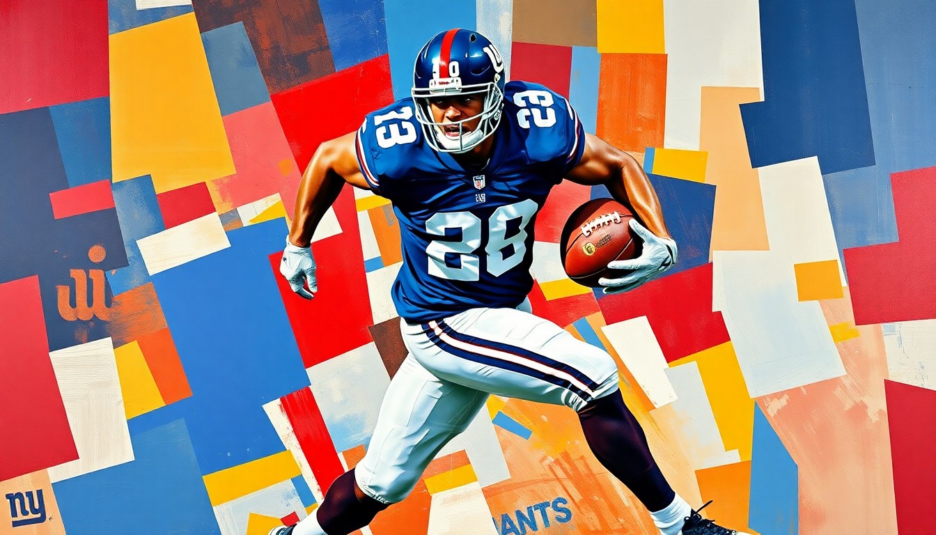 A cubist-style painting depicting a football player in mid-motion, broken down into sharp, overlapping geometric shapes and planes in shades of blue and red, conceptually representing the Giants' dilemma over Kayvon Thibodeaux's injury history and trade value.