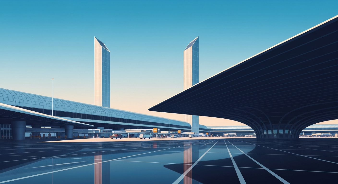 A bold, geometric illustration depicting the imposing scale and sleek architecture of an airport terminal, conveying the sense of preparedness and coordination behind the emergency exercise.