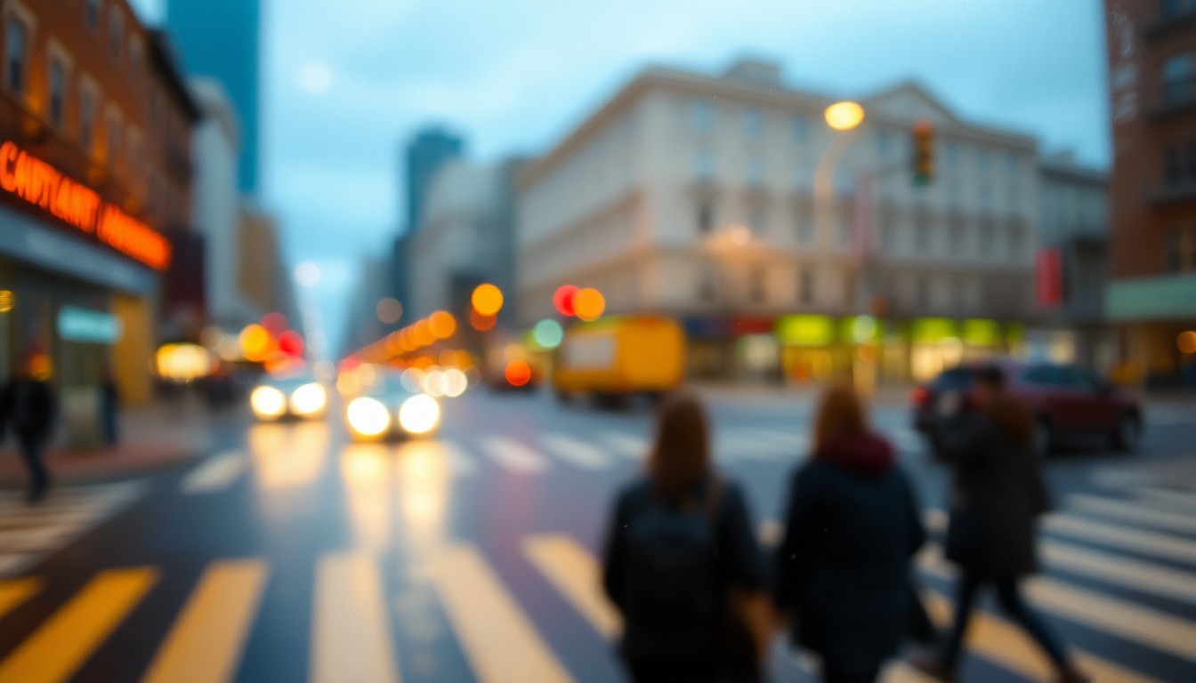 An extremely blurred and abstracted photograph of a downtown street scene, with faint outlines of pedestrians and vehicles visible through a hazy, rain-streaked lens, conveying a melancholy mood over the loss of the decorative crosswalks.