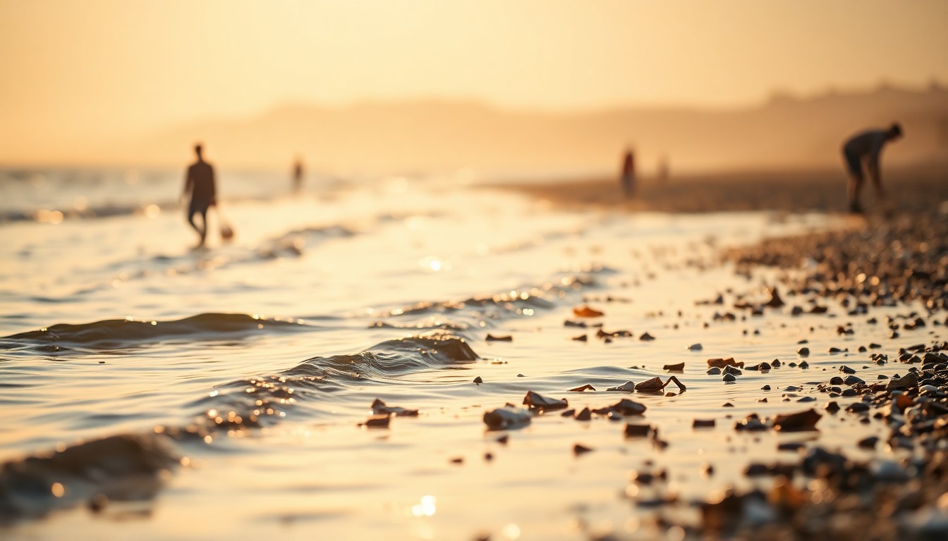 An abstract, impressionistic photograph in soft focus, showing the blurred silhouettes of people walking along a shoreline and picking up litter, with the water and sky blending together in a hazy, dreamlike composition.