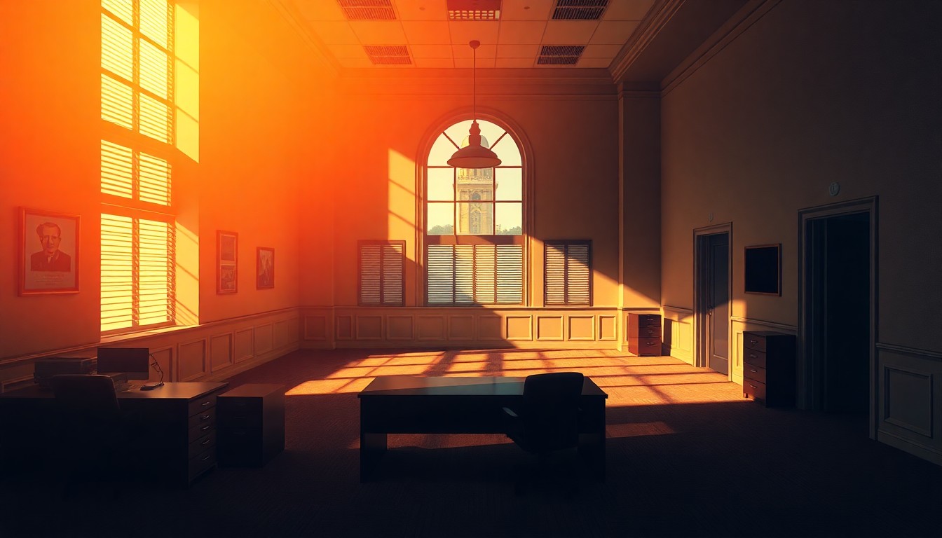 A quiet, cinematic painting of an empty government office space, with warm sunlight streaming through the windows and deep shadows across the floor, conveying a sense of transition and change.
