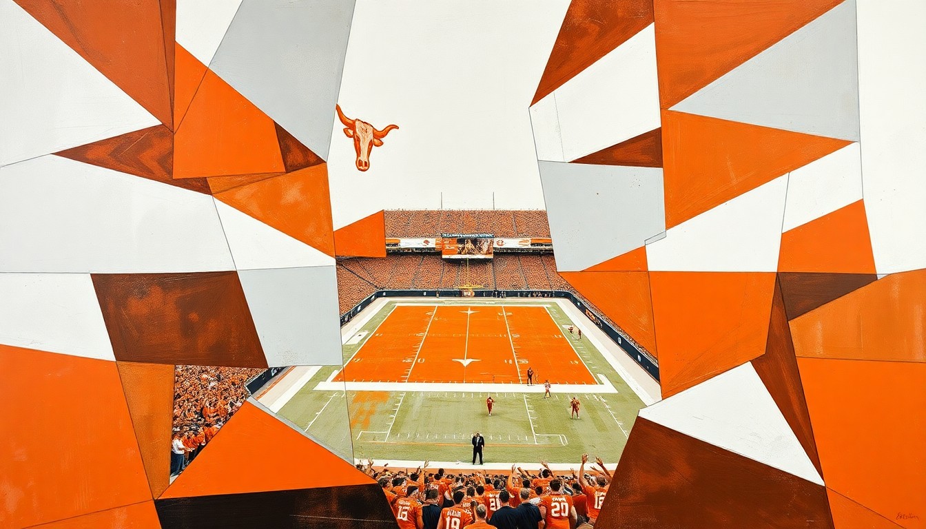 A cubist, fragmented painting depicting a Texas Longhorns football game, with sharp geometric shapes in the team's colors of burnt orange, white, and steel gray overlapping to create a dynamic, multi-perspective visual representation of the action on the field.