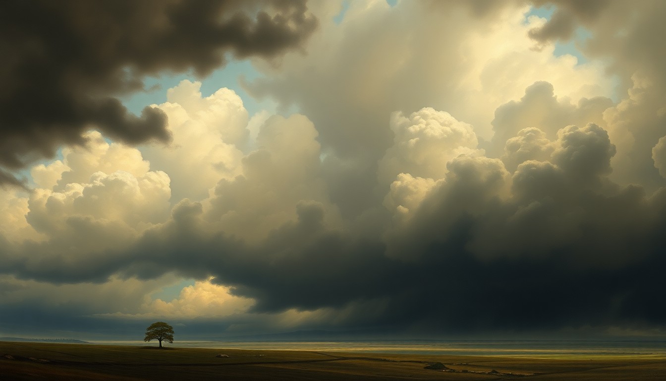 A sweeping, atmospheric landscape painting in muted tones of gray, blue, and green, with a dramatic, turbulent sky dominating the scene and a small, isolated structure or tree in the foreground, conveying the overwhelming power of an impending storm.