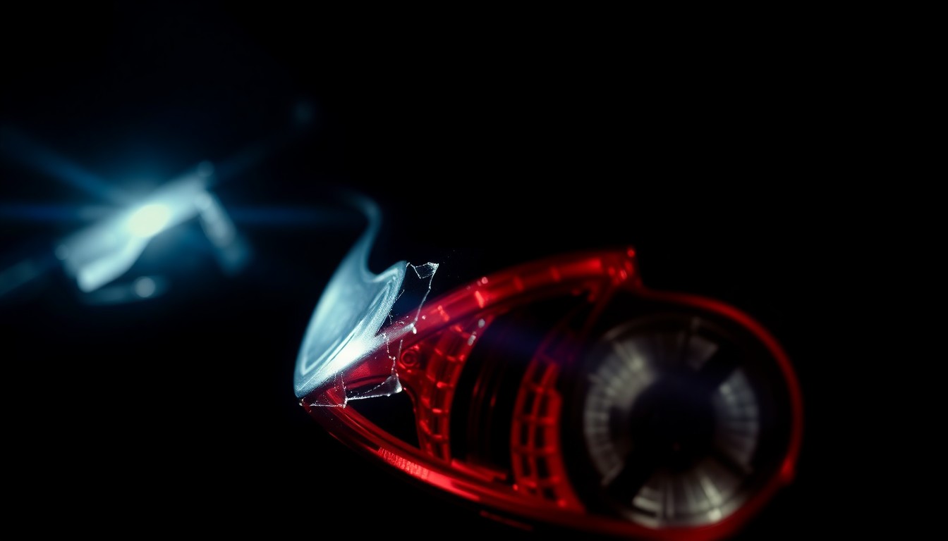An extreme close-up photograph of a damaged motorcycle part, such as a broken mirror or cracked taillight, lit by a harsh, direct camera flash against a pitch-black background, conceptually illustrating the aftermath of a serious motorcycle accident.