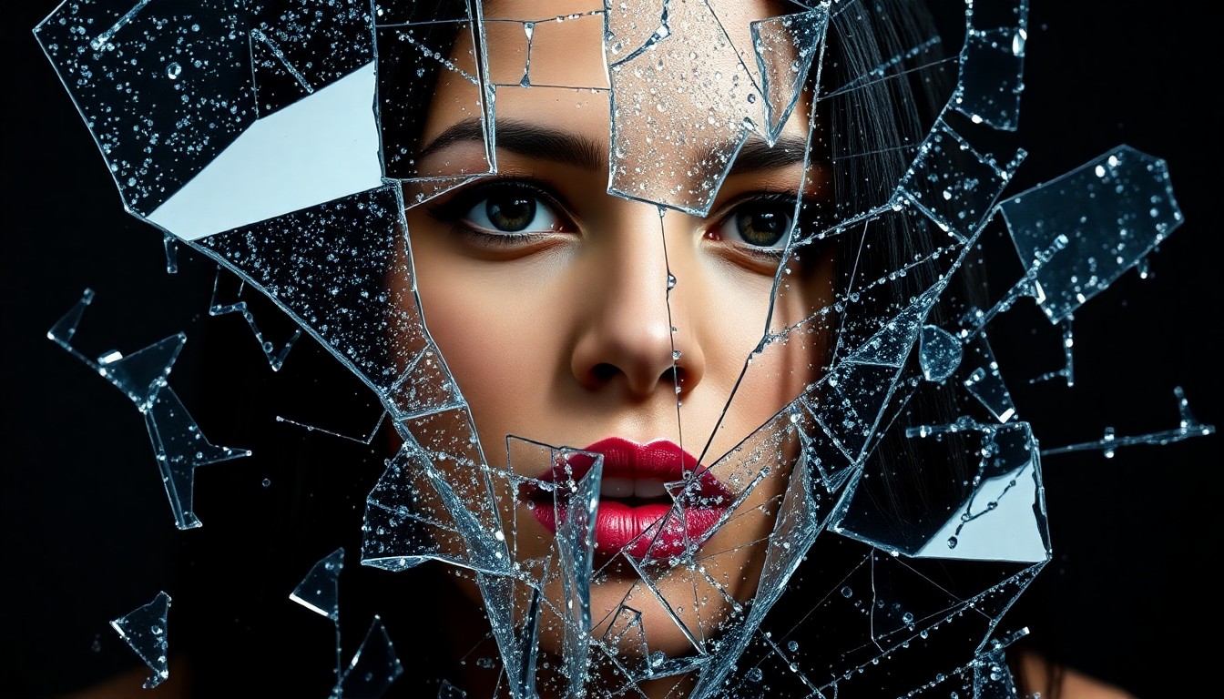 An abstract close-up image featuring shards of broken glass and glittering sequins, captured in dramatic high-contrast lighting to convey the fragmented nature of Gina Carano's public persona after her 'cancellation'.