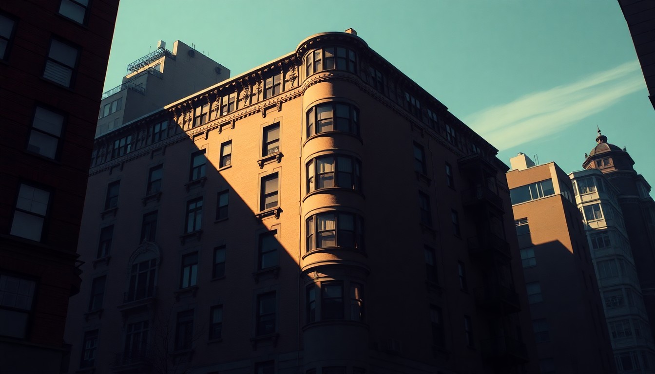 A photorealistic painting of a tall, stately apartment building in New York City, with warm sunlight streaming through the windows and deep shadows across the facade, conveying a sense of solitude and nostalgia.