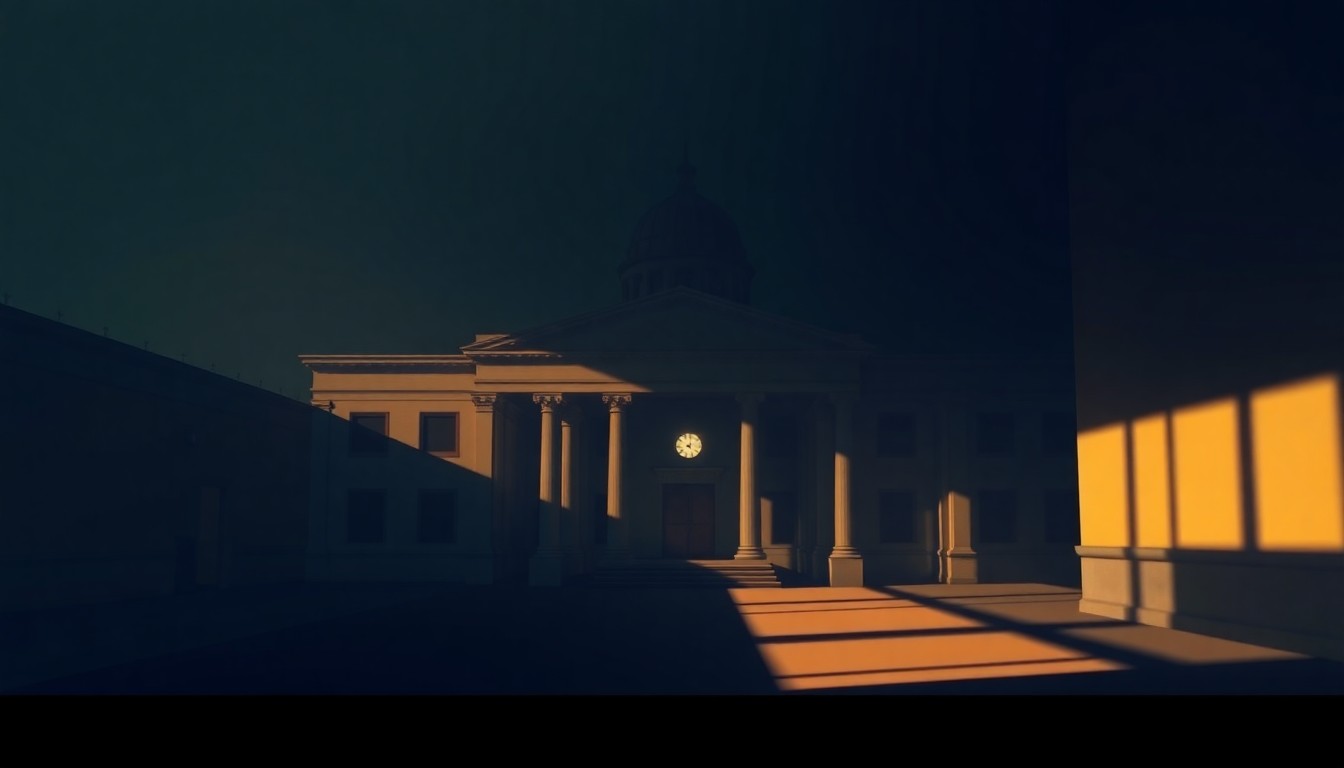 A dimly lit, cinematic painting of a government office building with warm light streaming through the windows, creating deep shadows and a sense of solitude, conceptually representing the political backdrop of the tax cut announcement.