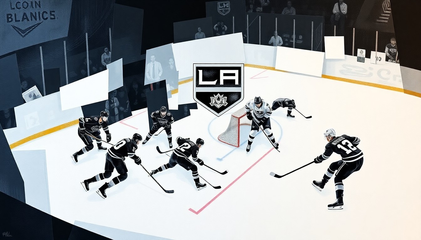 A cubist, geometric painting depicting a hockey game or match, with overlapping planes of black, white, and silver representing the dynamic action on the ice.