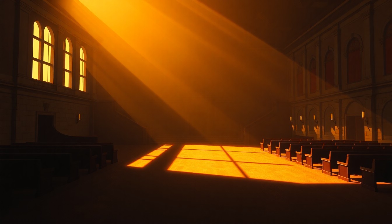 A serene, nostalgic painting of a government building or public meeting space, with warm sunlight and deep shadows creating a contemplative mood around the structure.