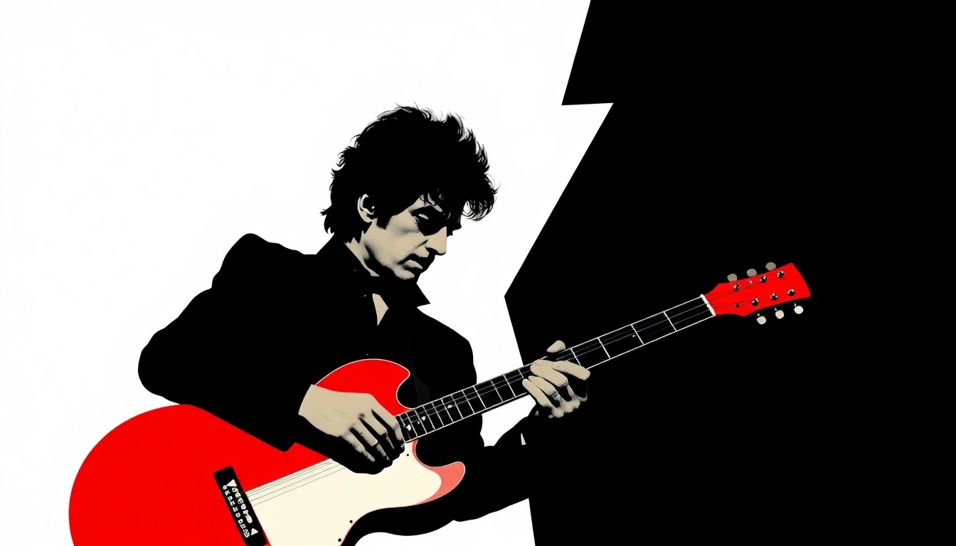 A striking black silhouette of Bob Dylan's profile, with his signature hat and guitar, set against a bold red background with geometric shapes and patterns, conveying the timeless energy of the iconic singer-songwriter.