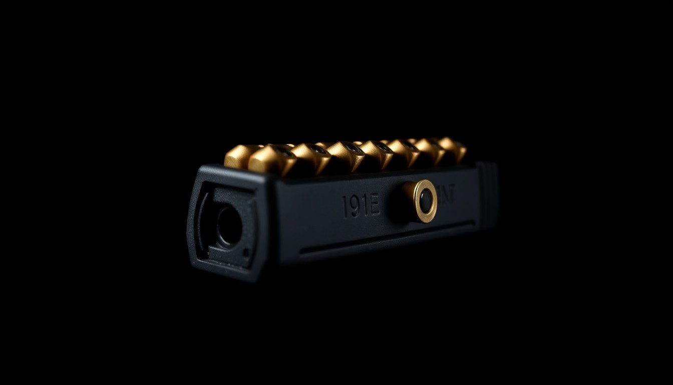 An extreme close-up photograph of a 9mm handgun magazine with bullets, lit by a harsh, direct camera flash against a pitch-black background, conceptually representing the evidence seized in a high-profile shooting incident.