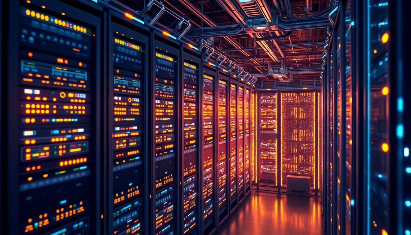 A highly detailed, glowing 3D illustration of a complex data center network, with illuminated server racks, fiber optic cables, and cooling systems, conceptually representing the scale and energy-intensive nature of modern data infrastructure.