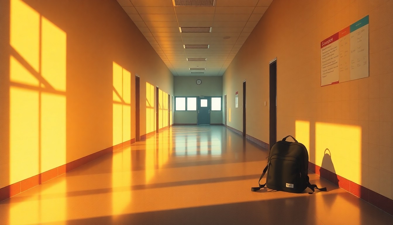 A dimly lit, empty school hallway with a single backpack left on the floor, conveying a sense of solitude and disruption to a student's education.