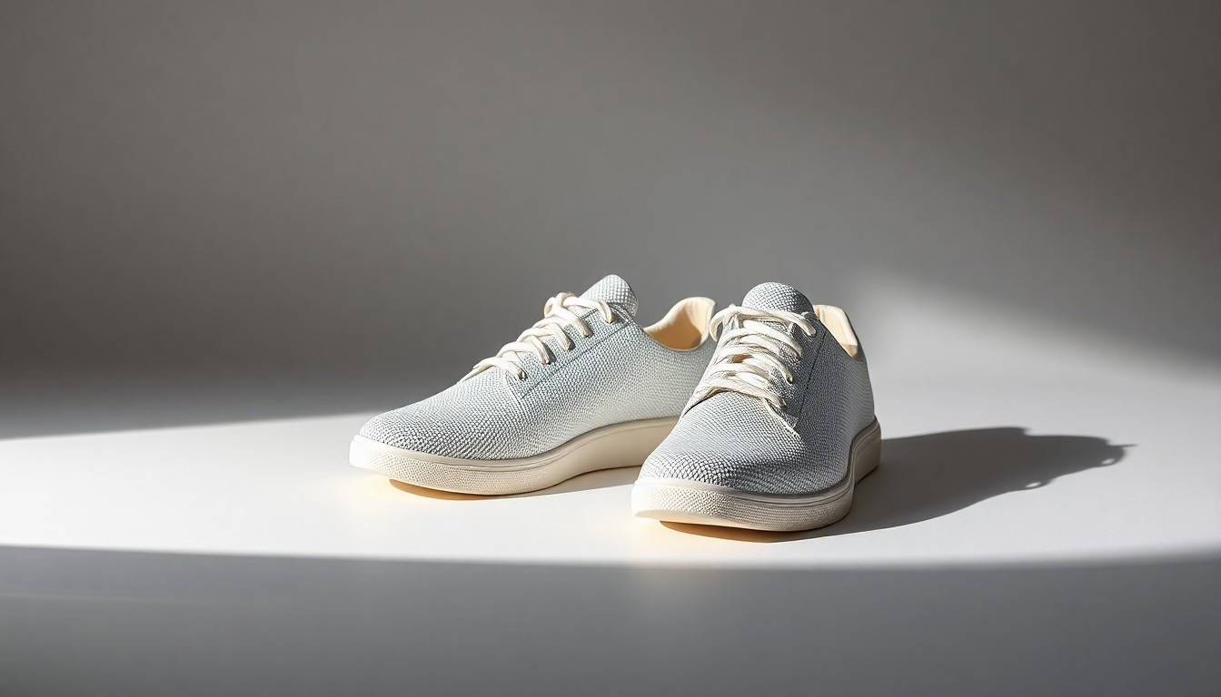 A photorealistic studio still life featuring a pair of Allbirds shoes made from premium, sustainable materials arranged elegantly on a clean, monochromatic background with dramatic lighting and sharp shadows.