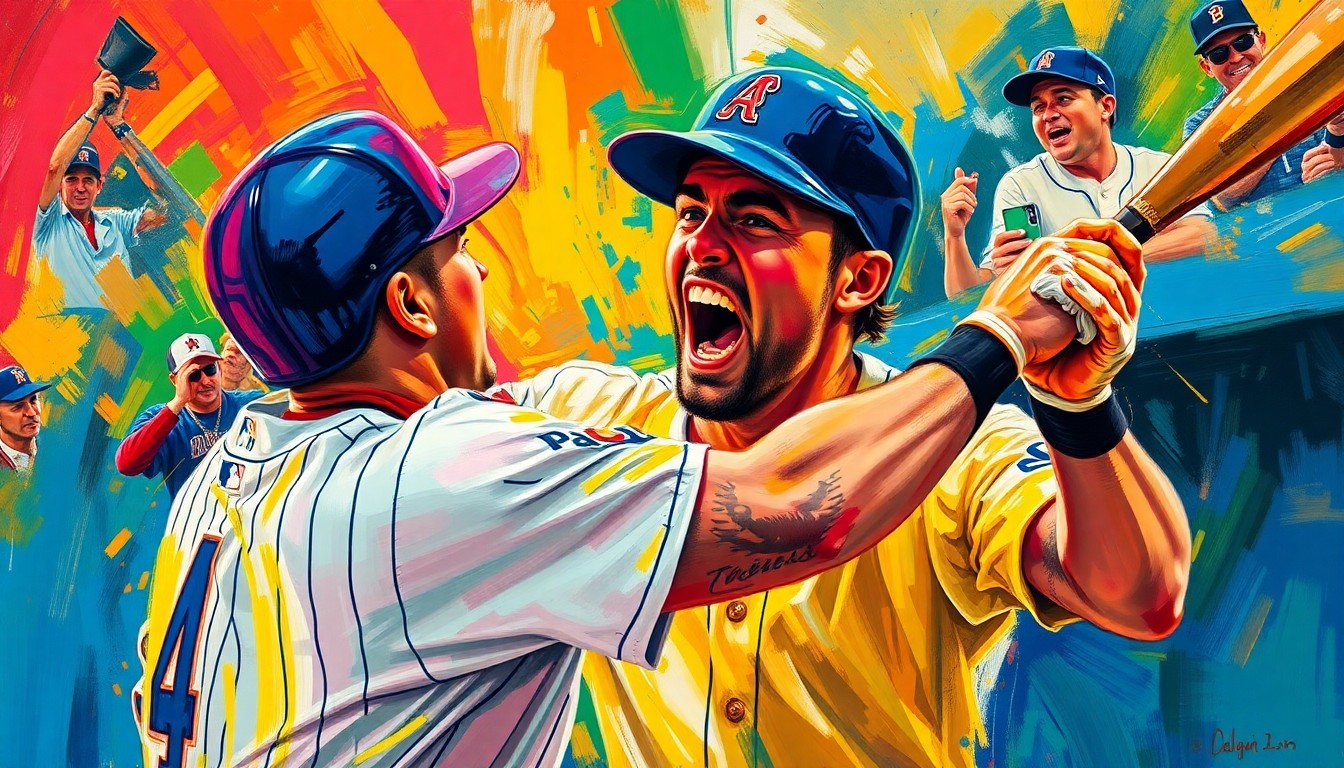 An abstract, energetic painting using bold, neon-colored brushstrokes to depict the intense emotional reaction of a baseball player, conveying the raw feelings stirred by a fan's cruel taunt.