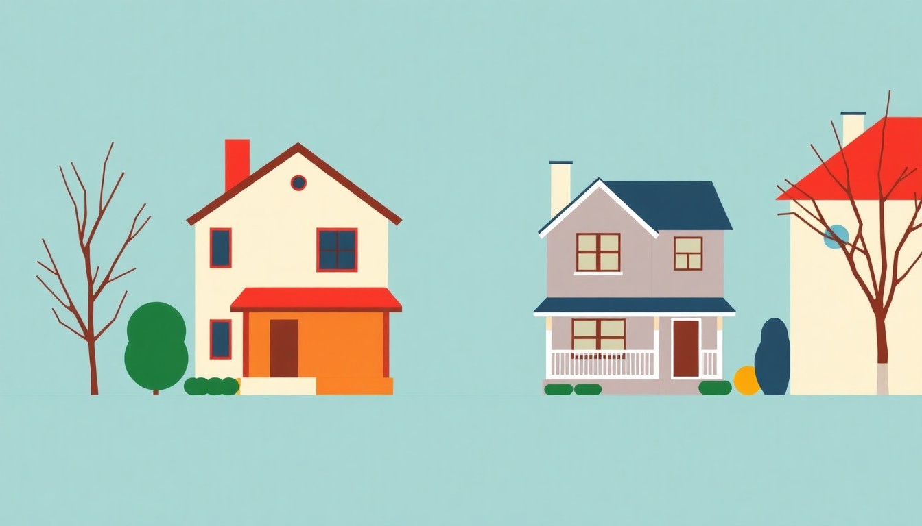 A minimalist abstract illustration using bold geometric shapes and primary colors to conceptually represent the stark contrast between the high cost of homeownership and rental prices in Palo Alto.