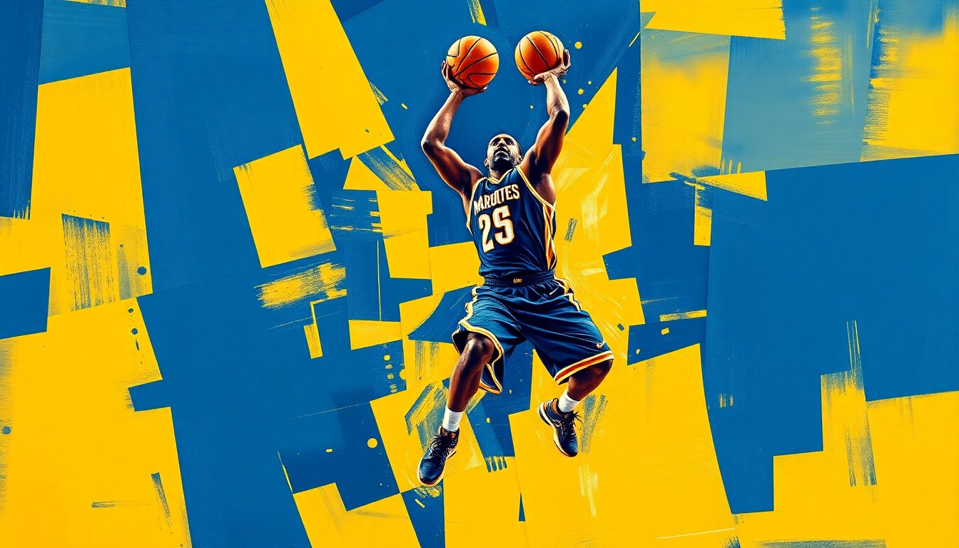 A fractured, cubist-style painting depicting a basketball player in mid-motion, their body broken down into sharp, overlapping geometric shapes in Marquette's navy blue and gold colors, conveying the dynamic energy of the sport.