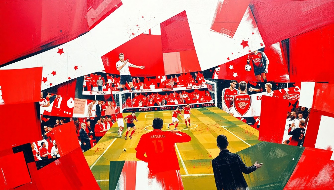 A cubist, geometric painting featuring overlapping planes of red and white, representing the dynamic action of an Arsenal football match.