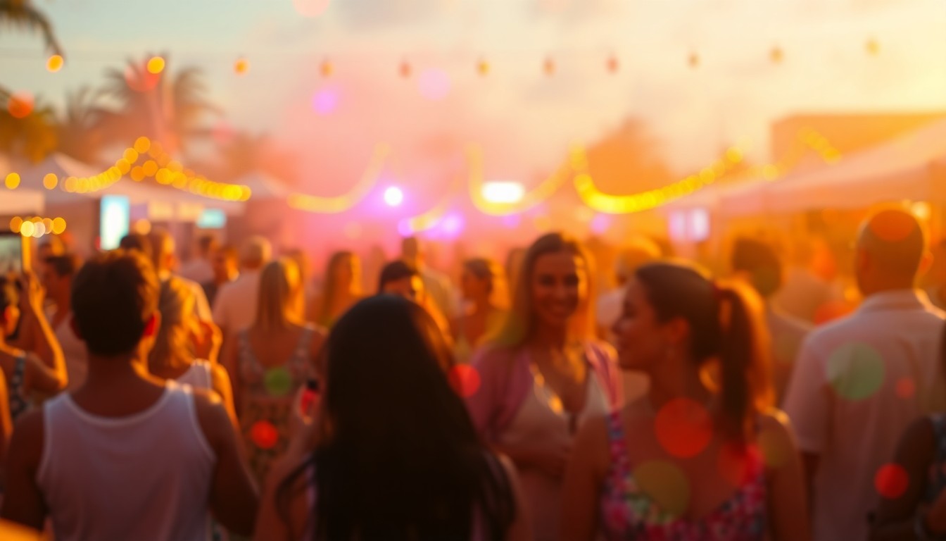 An abstract, blurred image of people enjoying an outdoor gathering, with splashes of warm, neon-like colors creating a dreamy, celebratory mood.