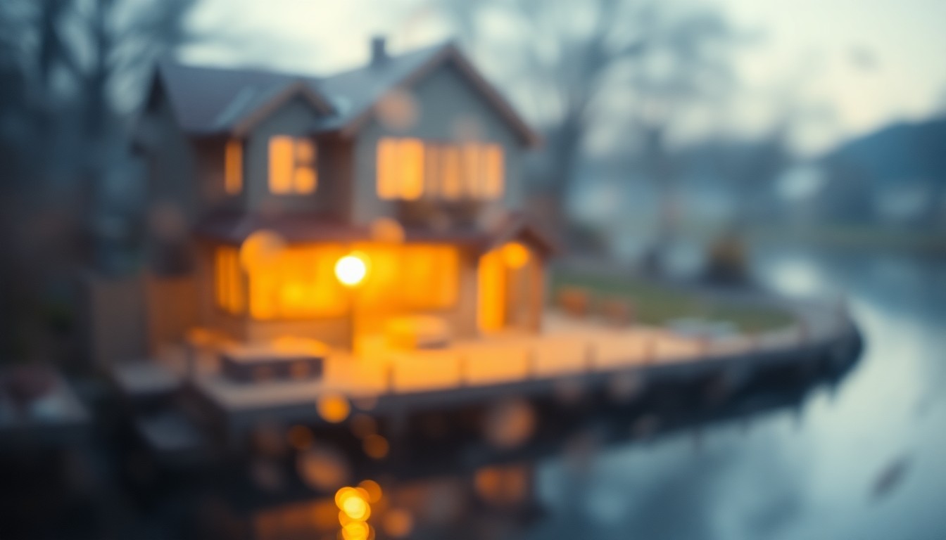 An abstract, impressionistic photograph of a blurred riverside scene, with soft pools of warm light and reflections on the water's surface, conveying a sense of peaceful waterfront living.