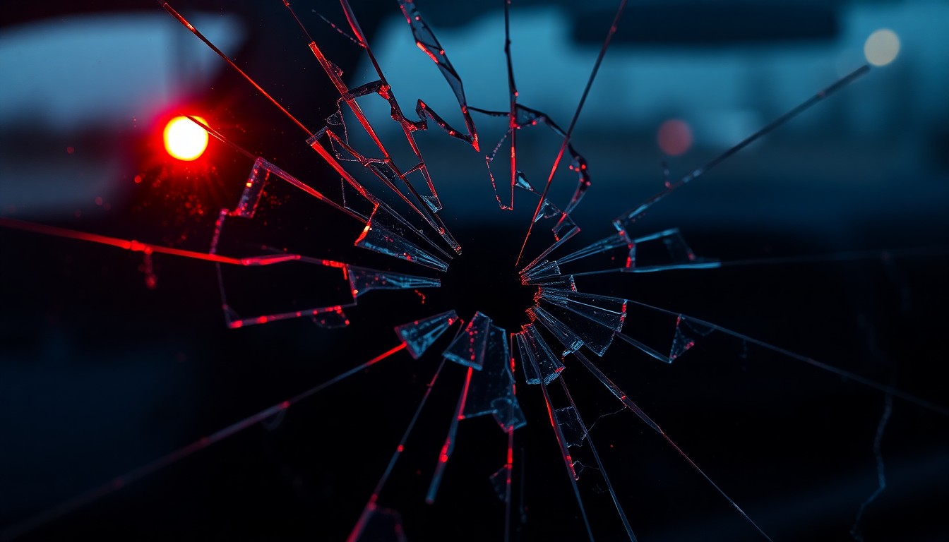 An extreme close-up photograph of shattered car window glass reflecting a faint red light, conveying the stark, gritty aftermath of a violent crime scene.