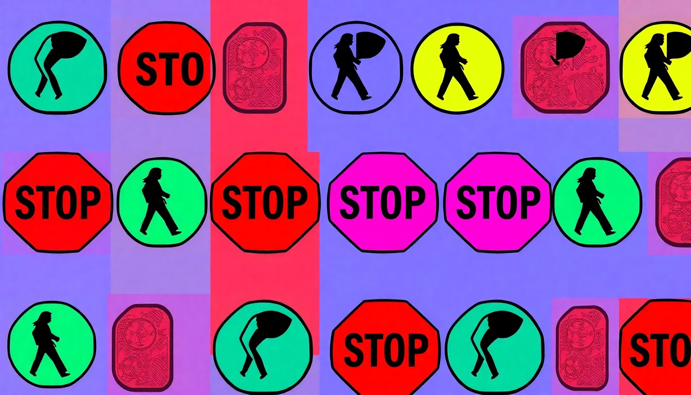 A bold, colorful silkscreen print featuring a repeated pattern of a traffic signal in vibrant shades of red, yellow, and green, conceptually representing the city's comprehensive plan to improve road safety.