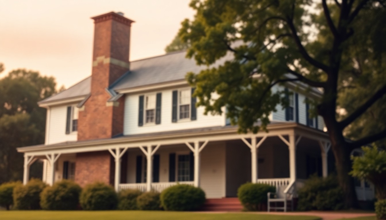 An abstract, out-of-focus photograph in soft, warm tones depicting the exterior of a historic colonial-style home with a large chimney, surrounded by lush greenery, conceptually representing the blend of old and new in this property.